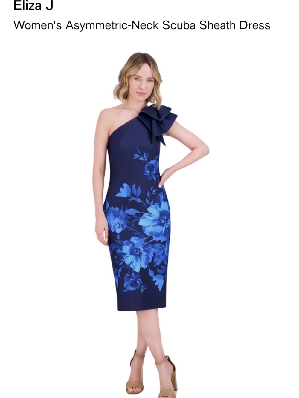Eliza J Navy One-Shoulder Floral Midi Dress